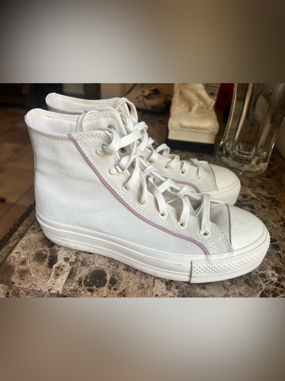 Converse White High-Top Leather Sneakers with Pink Trim - Women